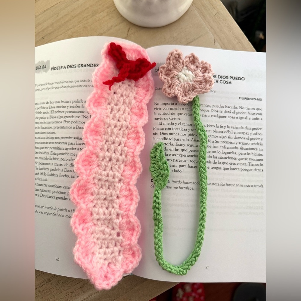 Set of 2 Handmade Crochet Flower Bookmarks | Pink & Green Boho Book Accessories